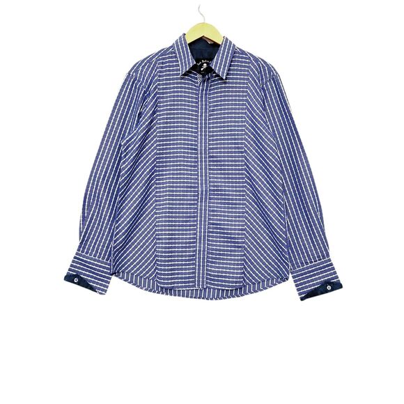 Rock Roll N Soul Shirt Men Large Blue White Button Flip Cuff Embroidered Striped - Picture 1 of 11